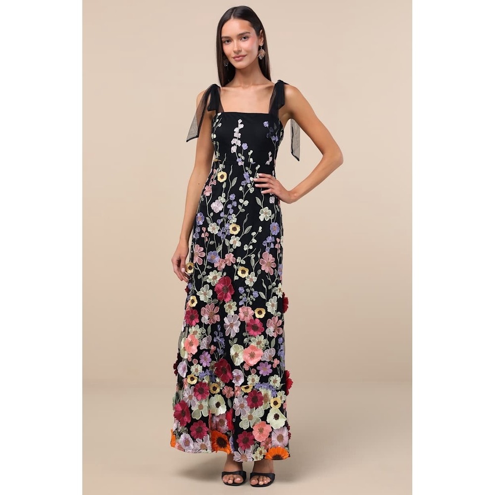 Lulus 3D Colorful Floral Embroidered Tie-Strap Thriving Poise Maxi Dress Size L